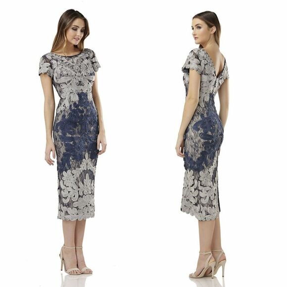 New! JS COLLECTIONS Women's Embroidered Soutache Midi Dress Navy Blue Silver - Picture 1 of 3